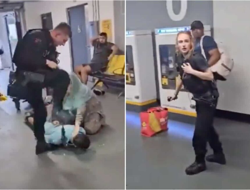 Police officer stamps on suspect’s head in violent footage at UK airport
